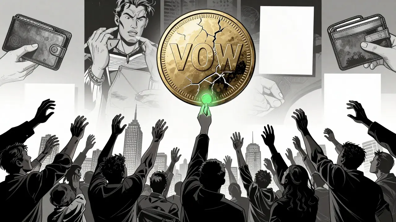 Thousands of people reaching for a giant cracked VOW coin, most grasping only air in a dark cityscape.