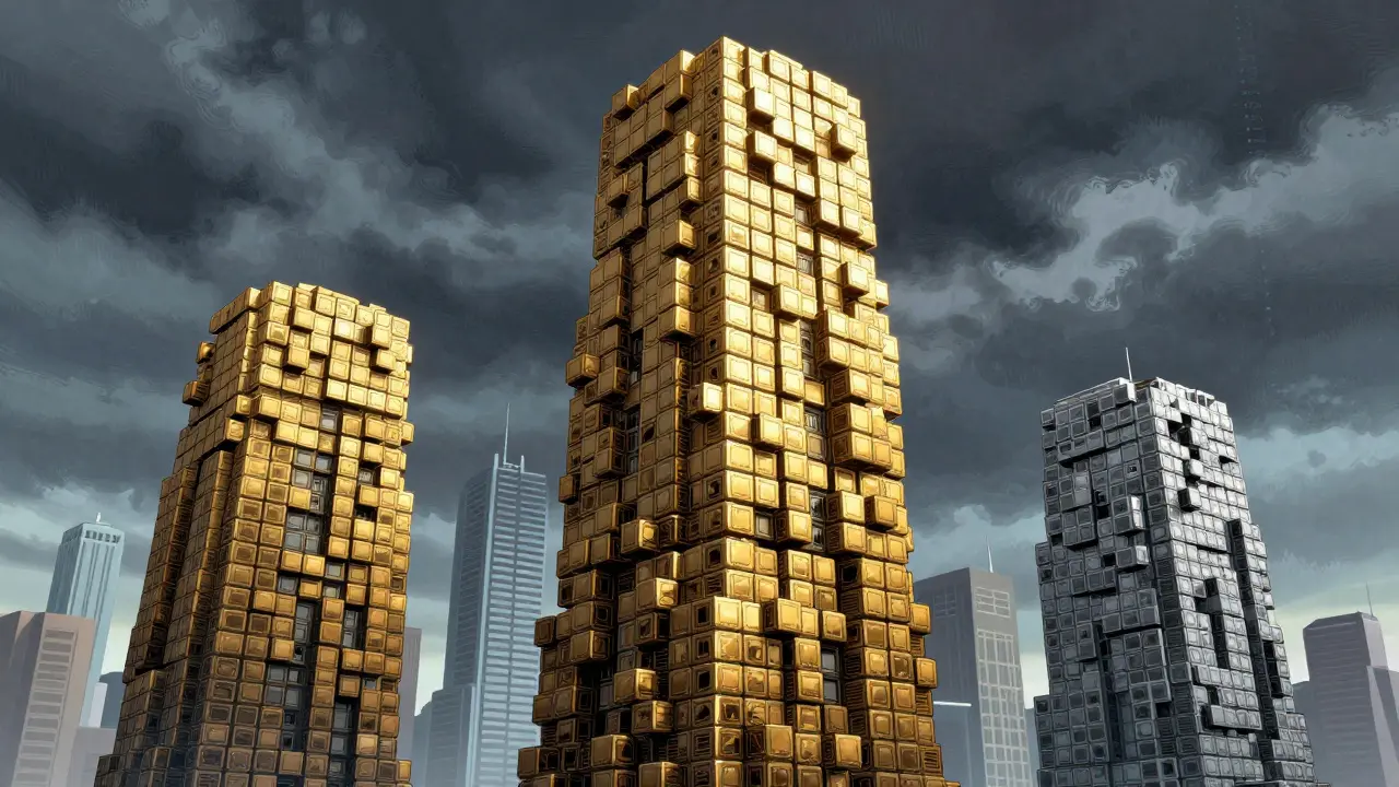 Three towering data structures of varying heights and stability