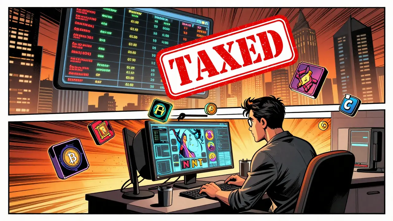 Trader surrounded by NFTs as a giant ledger automatically reports transactions to agencies.