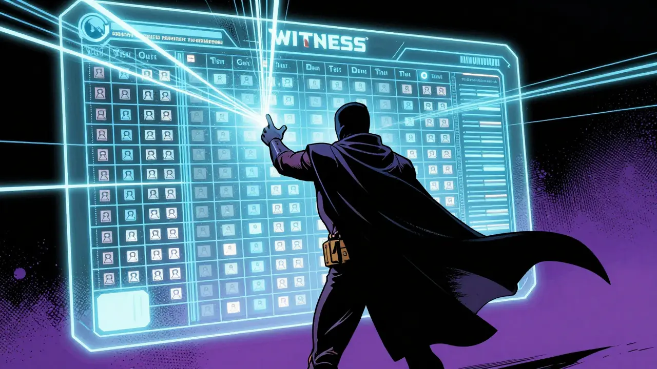 A cloaked figure interacting with a holographic voting interface in comic book style.