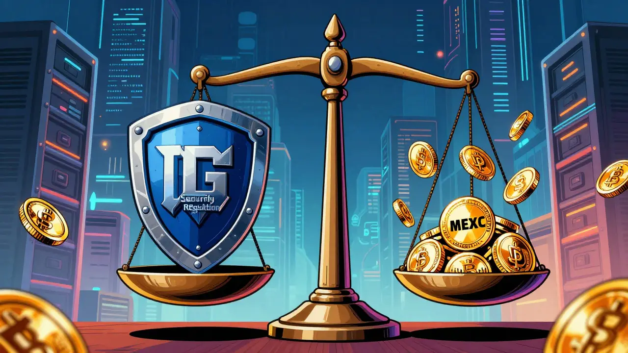 A comic style balance scale weighing a security shield against low-cost gold coins.