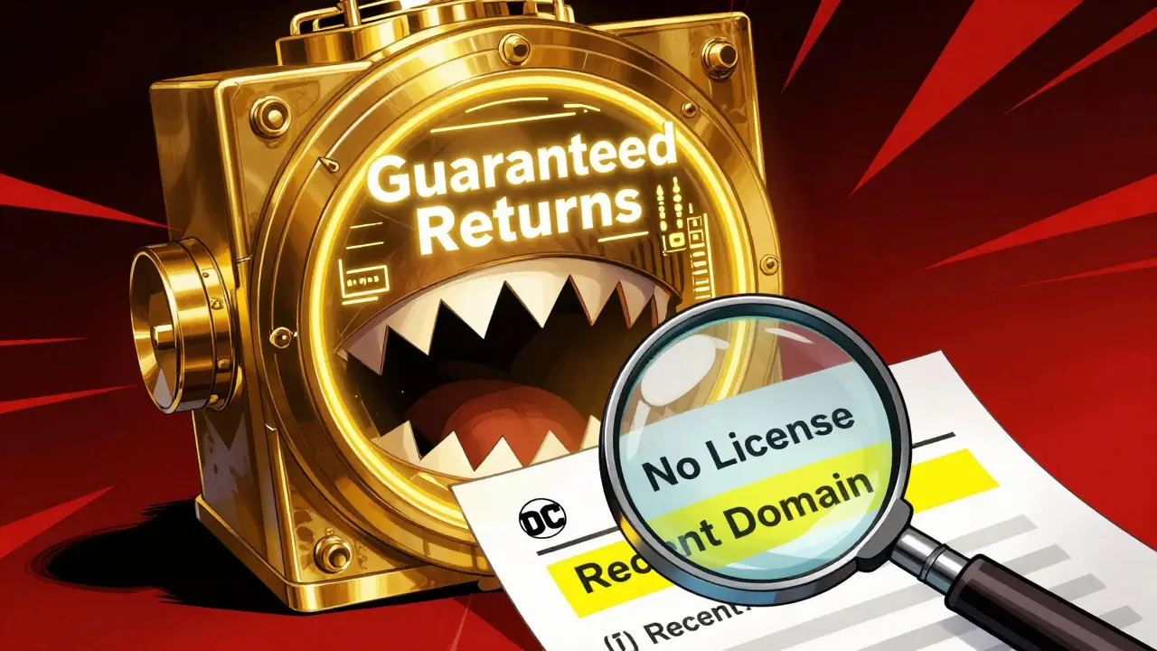 A deceptive digital vault with hidden teeth symbolizing a crypto scam in comic book art.