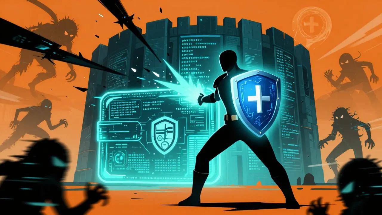 A digital hero protecting a crypto wallet from shadowy glitch monsters in a comic book scene.