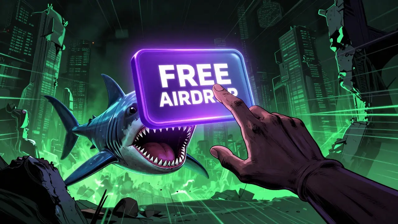 A digital trap showing a fake airdrop button as a shark's mouth in a dark cyberspace.