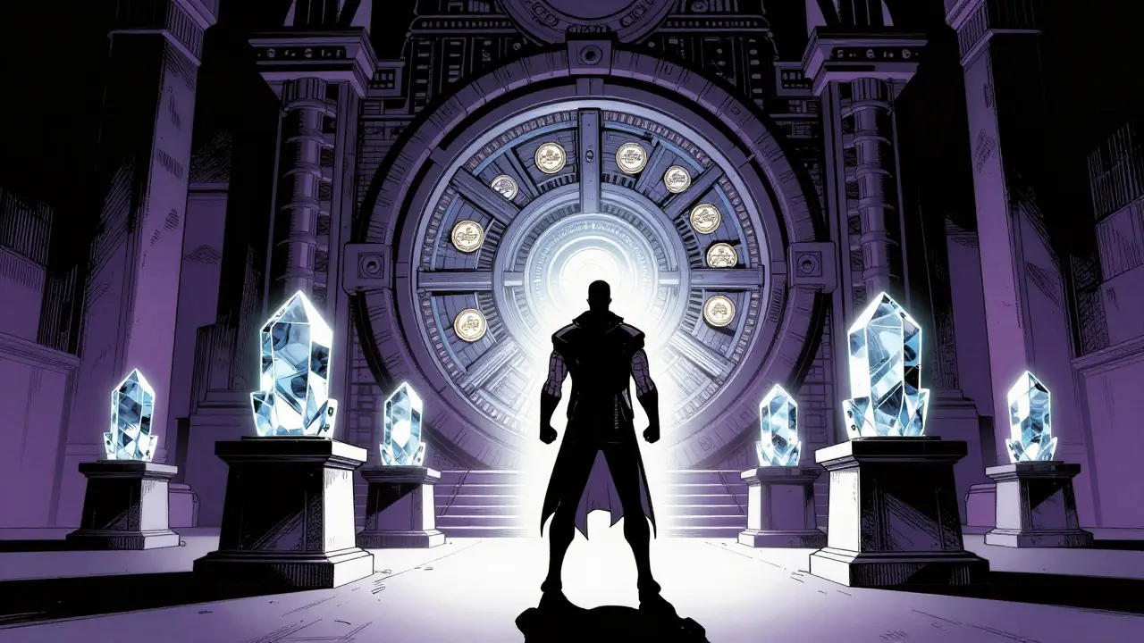A figure locking glowing tokens into a massive digital vault in a moody setting.