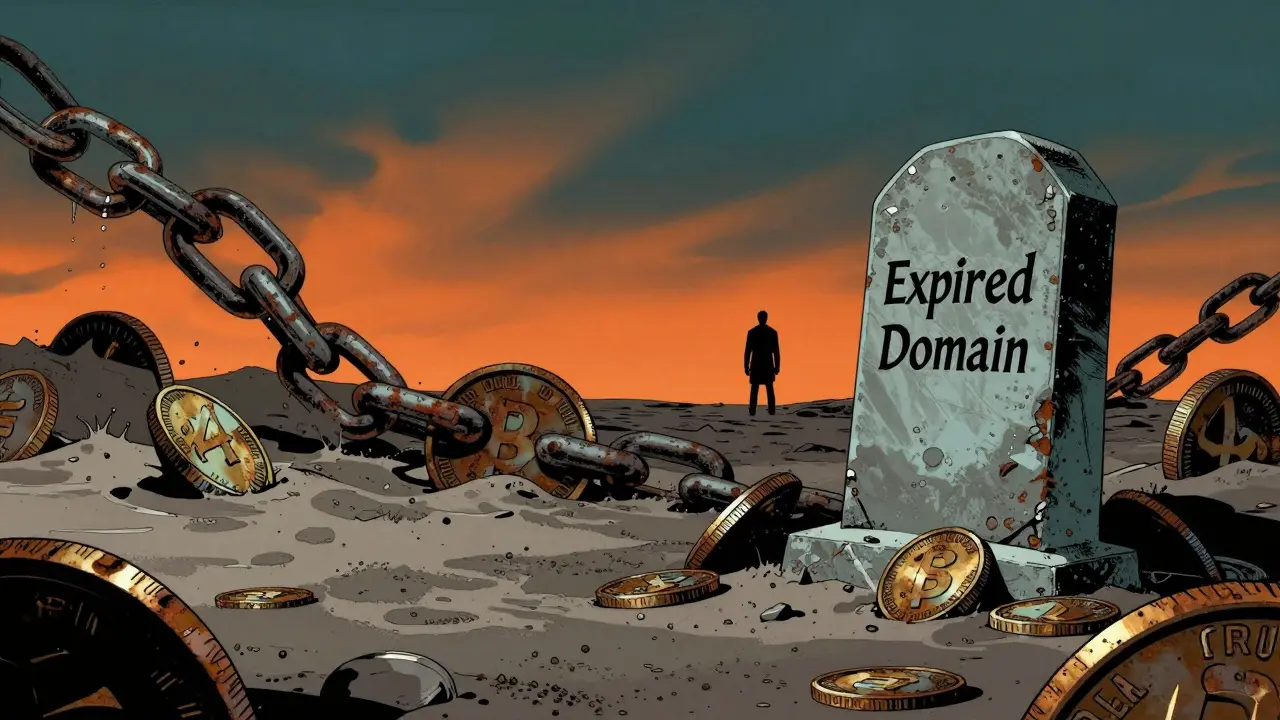A futuristic graveyard with rusted coins and a tombstone for an expired domain.