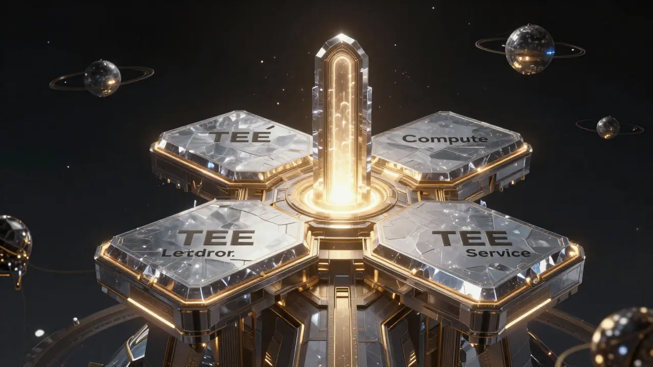 A high-tech crystalline fortress connected to other network nodes via a glowing portal.