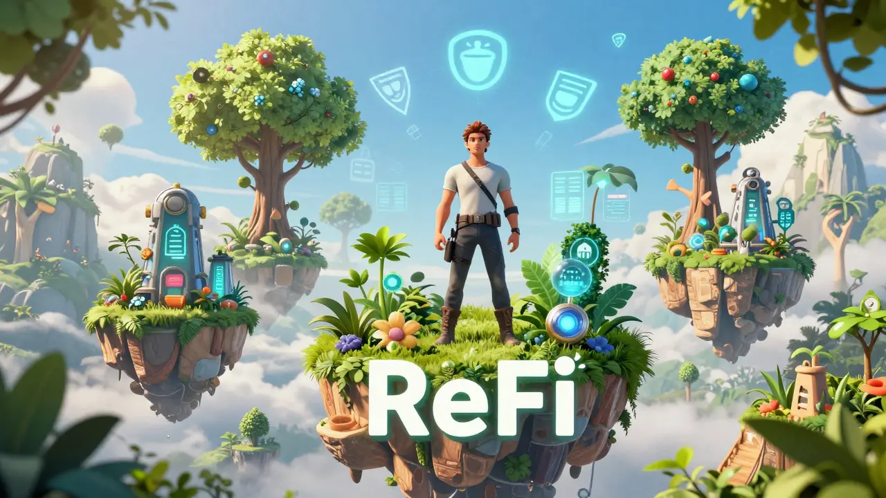 A lush digital metaverse with floating islands and nature-tech integration.