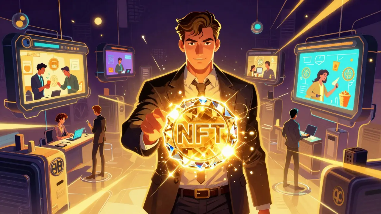 A virtual character holding a glowing golden NFT token in a digital marketplace.