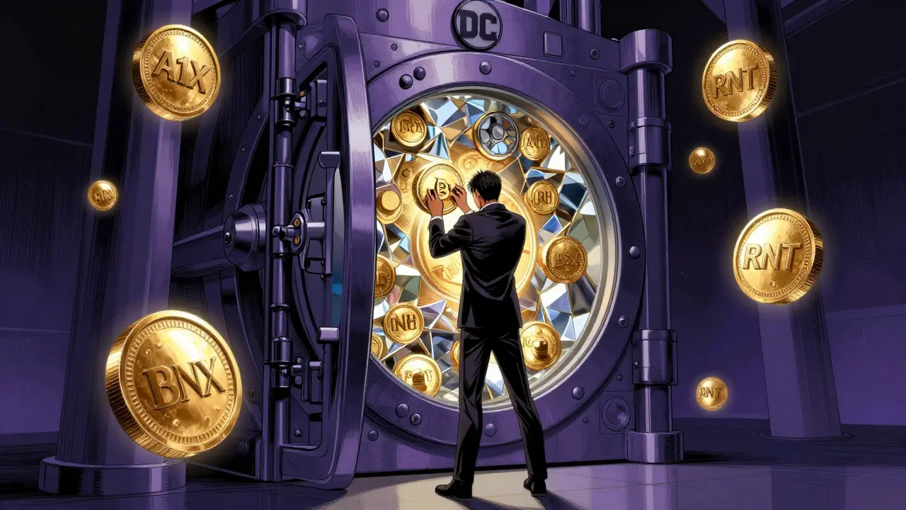 An investor locking a glowing token into a high-tech crystalline vault in a DC comic style.