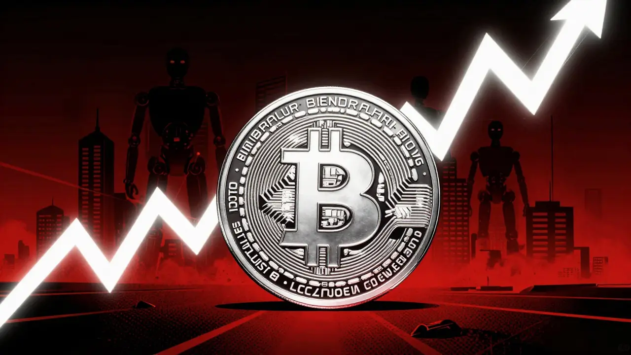 BLENDR coin with a lightning-bolt price chart and futuristic AI silhouettes