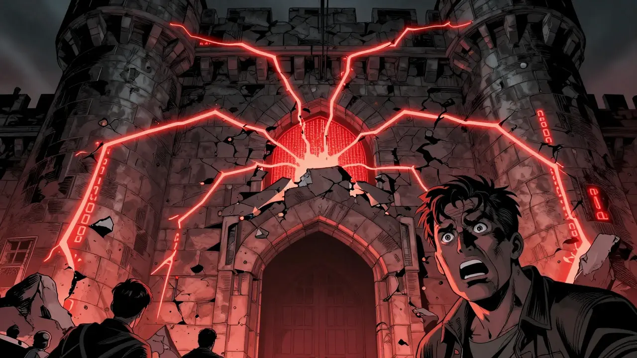 Comic book art of a stone fortress cracking with red digital energy leaking out.