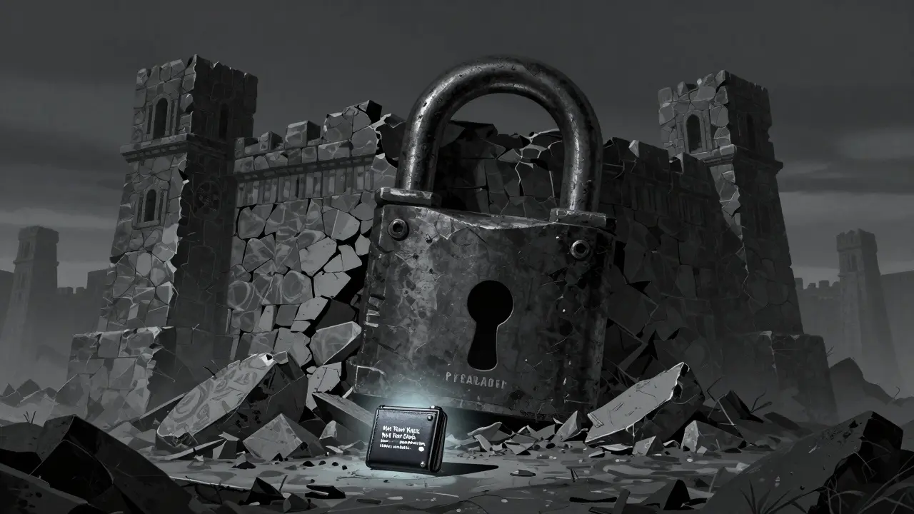 Comic book depiction of a ruined stone fortress with a large iron lock on the debris.