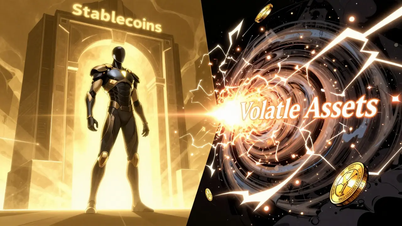 Comic book depiction of a stable figure resisting a chaotic vortex of volatility.