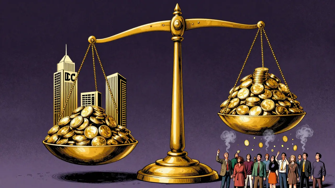 Comic book illustration of a golden scale tipped by large corporate entities over small investors.