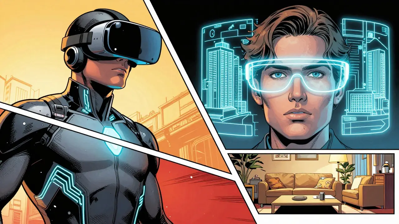 Comic book montage of a person using a VR headset, haptic suit, and AR glasses.
