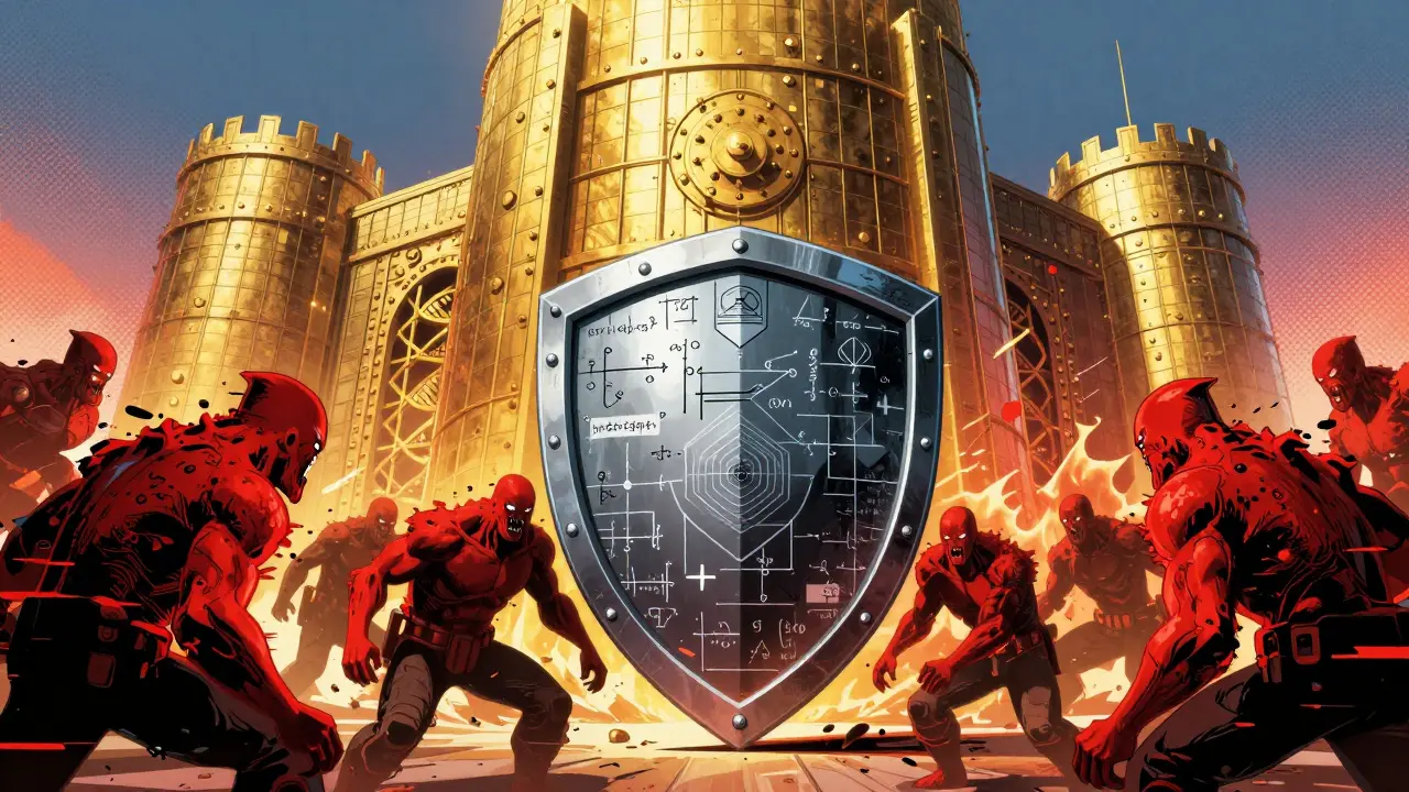 Comic book scene of a mathematical shield protecting a digital vault from red glitch monsters.