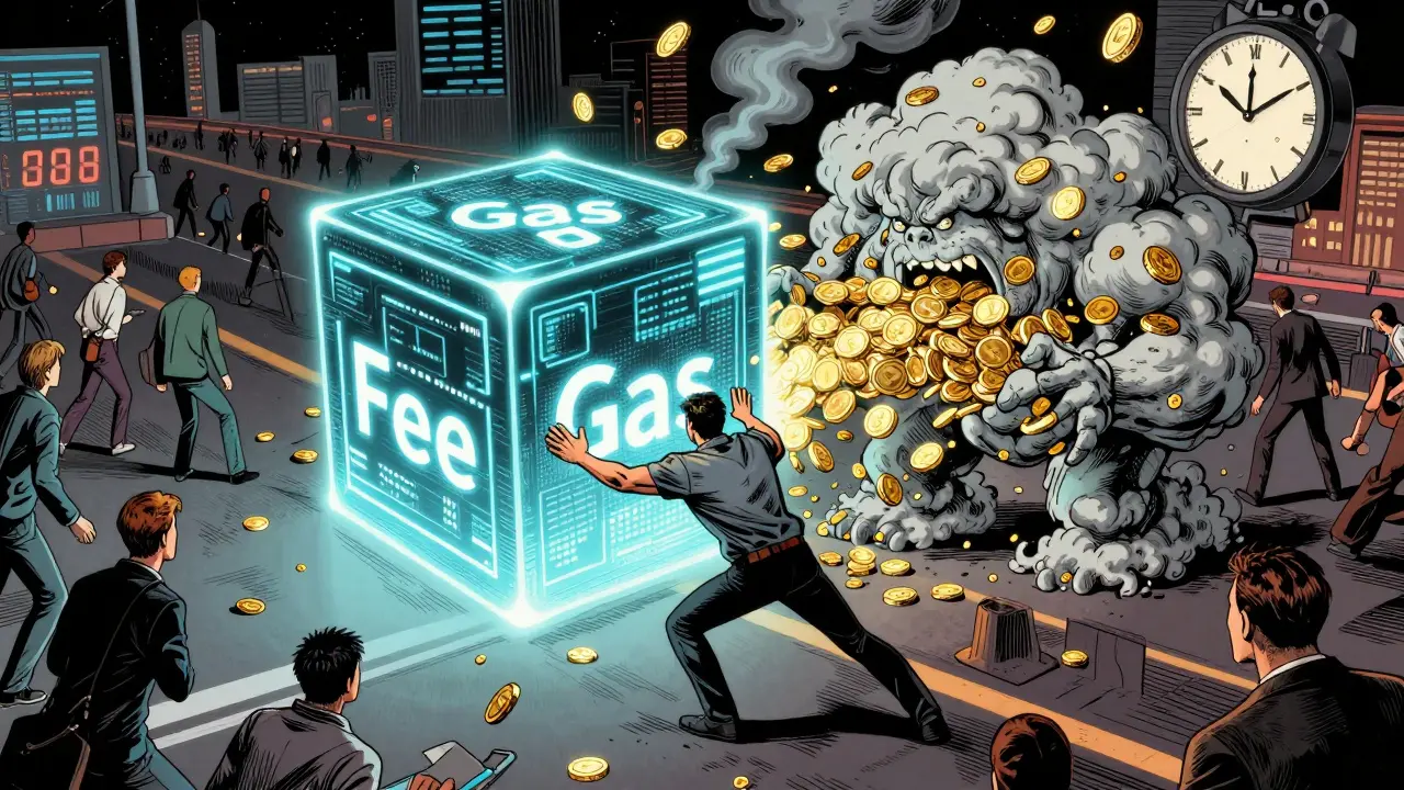Comic illustration of a user struggling with a transaction cube while being blocked by a gas fee monster.