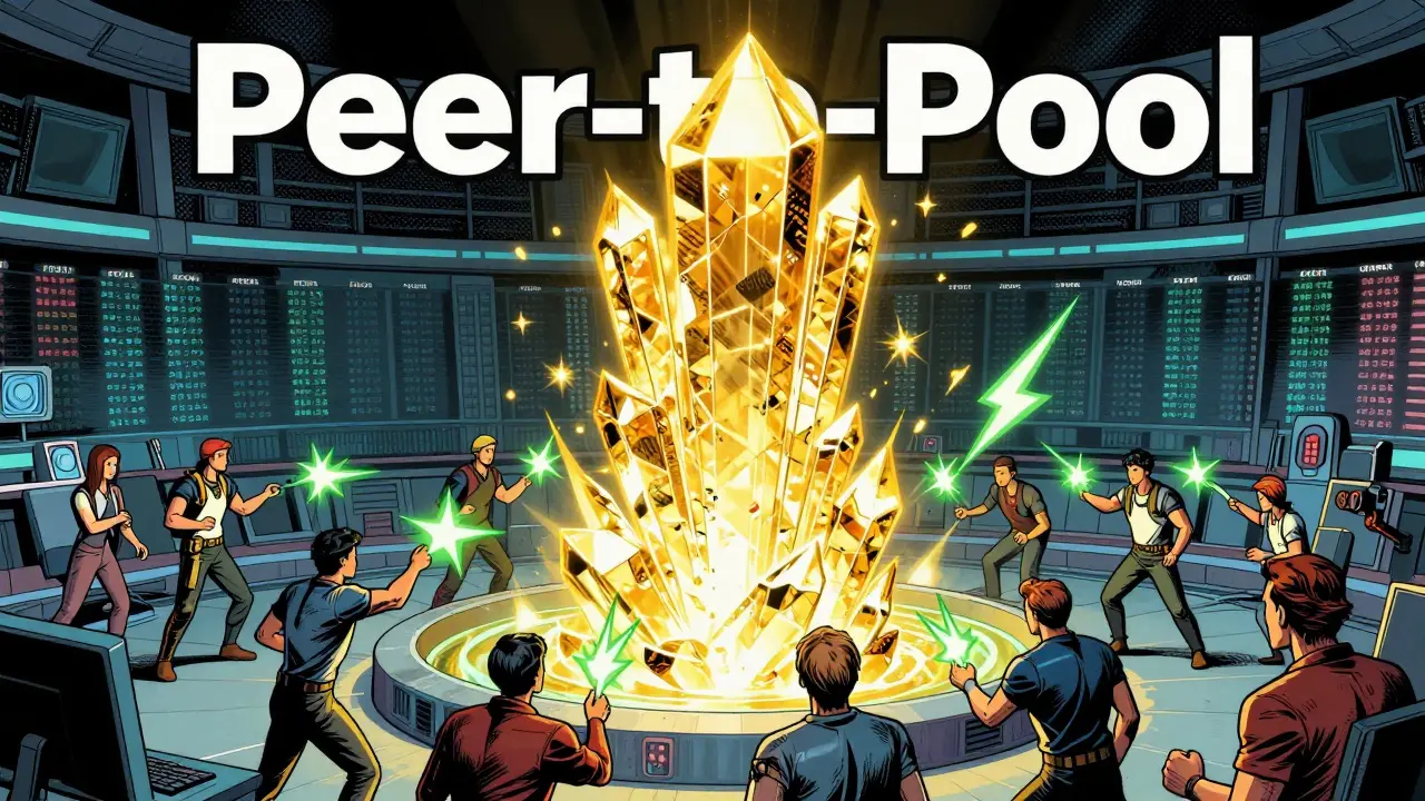 Comic illustration of traders interacting with a glowing golden liquidity pool