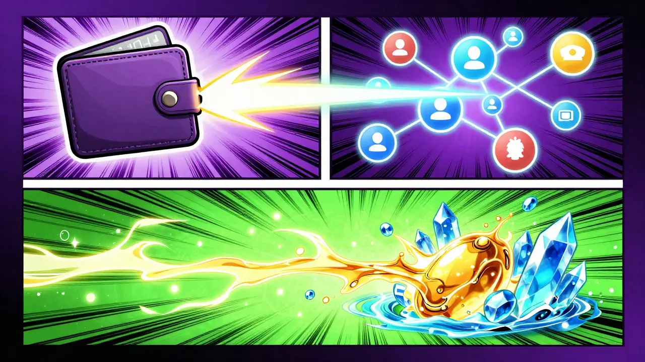 Comic panels showing digital wallet connection and flowing liquidity pools