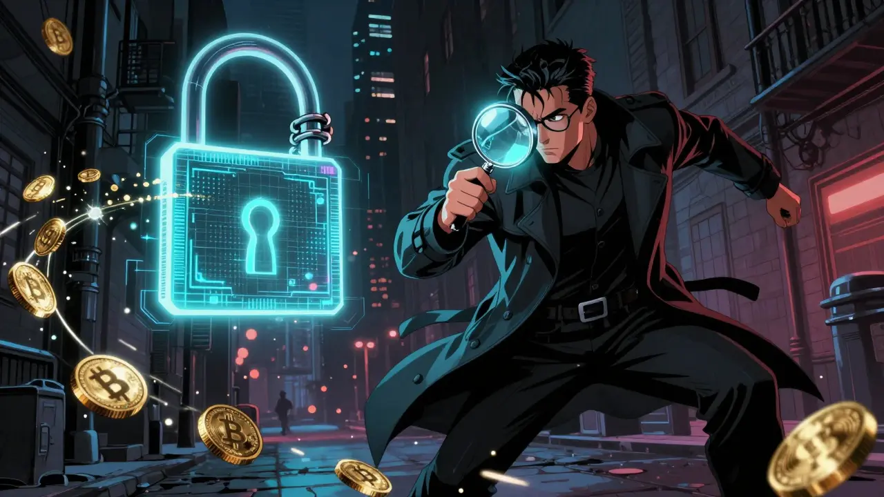 Comic scene of a financial detective freezing a digital wallet to prevent illegal crypto activity.