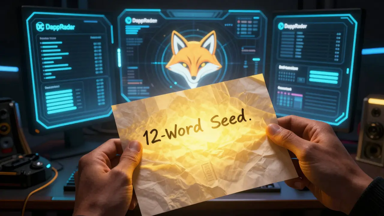 Comic style depiction of a Web3 toolkit with a digital wallet and a physical seed phrase backup.