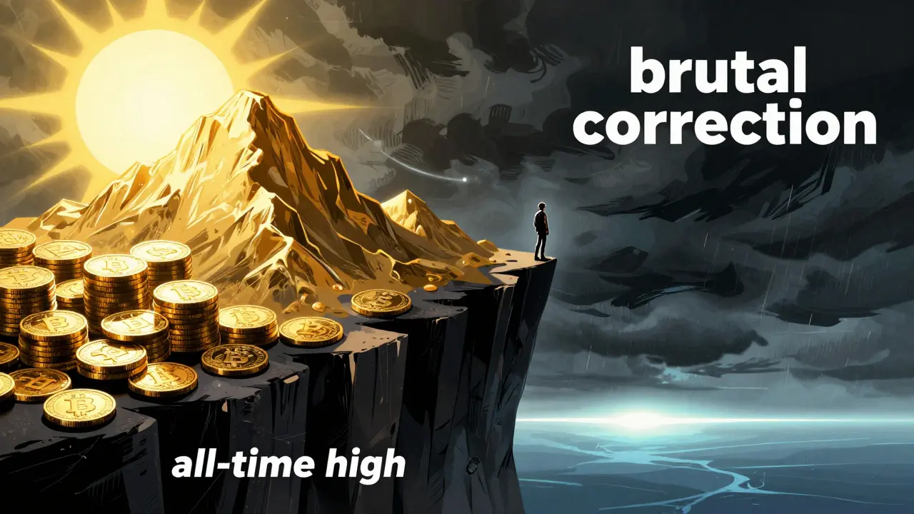 Comic style scene showing a golden peak and a stormy cliff representing market volatility.