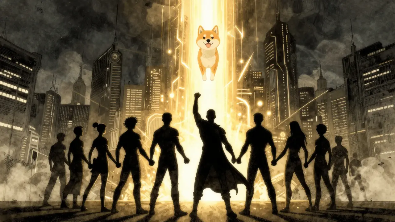Community of people powering a glowing Shiba Inu mascot