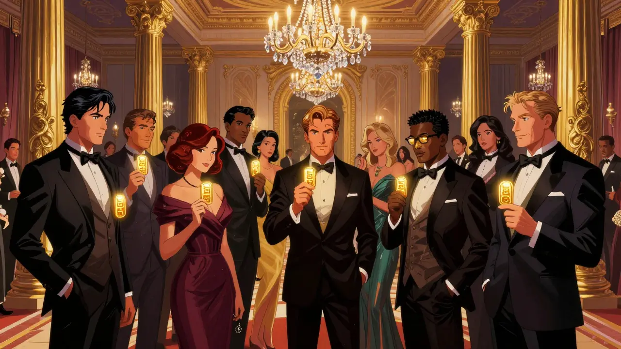 DC Comics style depiction of an elite group of wealthy investors at a lavish gold ballroom gala.