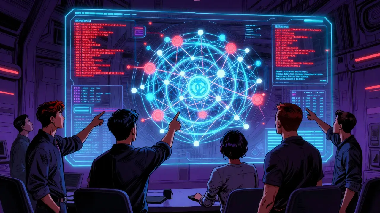 DC style illustration of auditors analyzing a holographic blockchain network for vulnerabilities.
