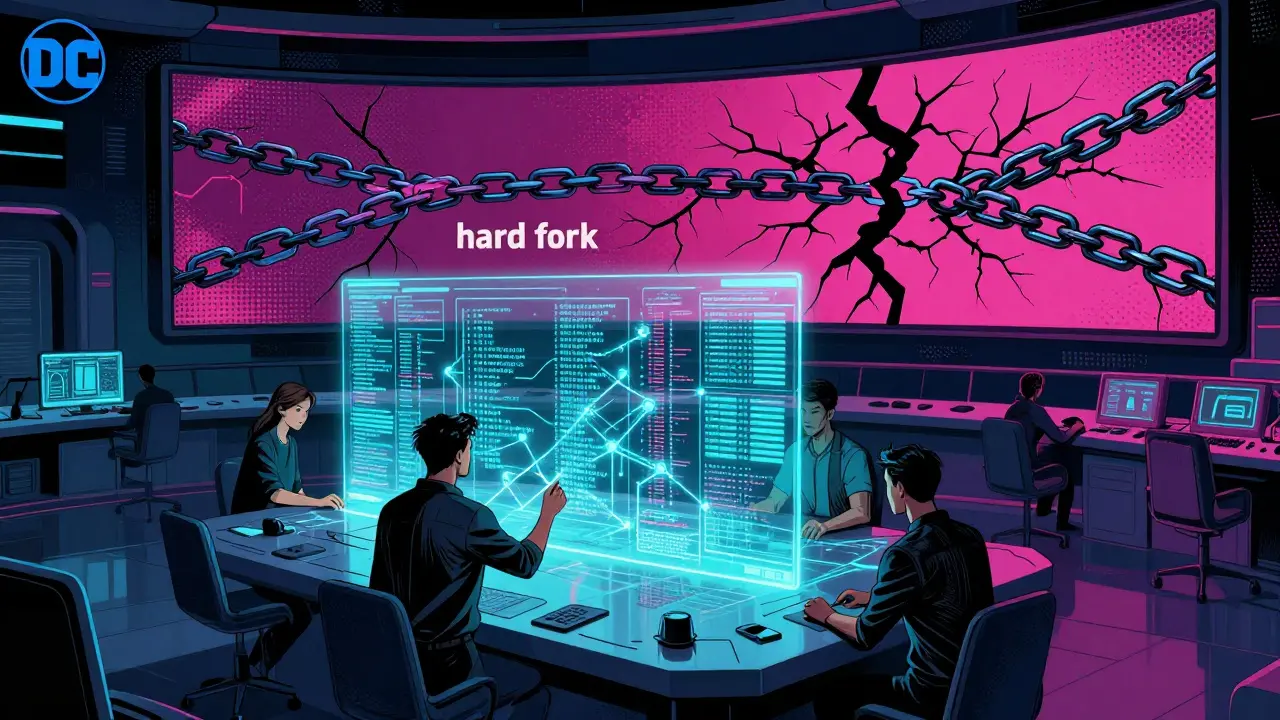 Digital architects working with a holographic blueprint of a blockchain network splitting into two paths.