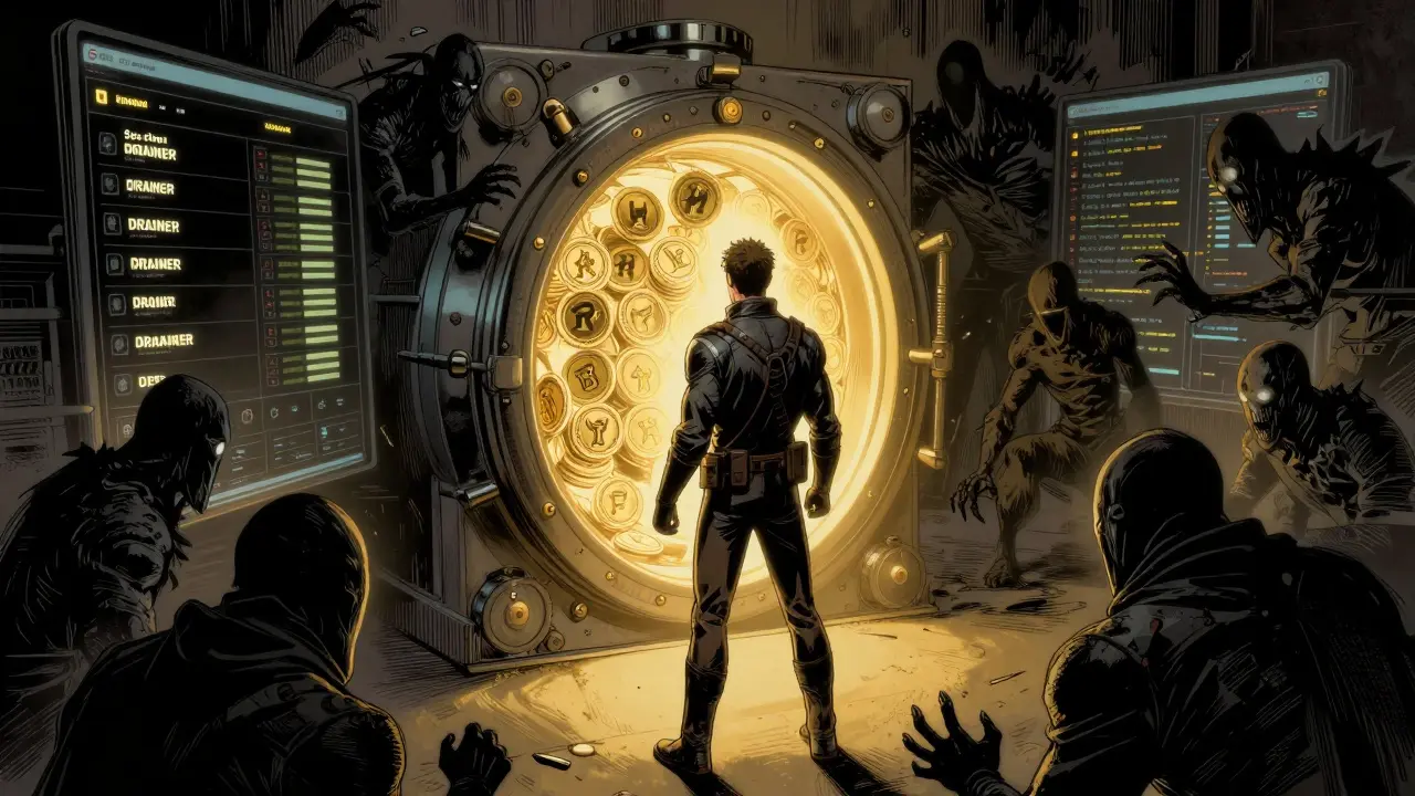 Digital hero protecting a token vault from shadowy glitch monsters