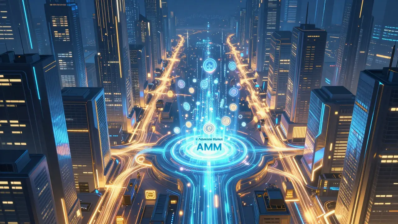 Futuristic digital city with glowing data streams and a central energy pool