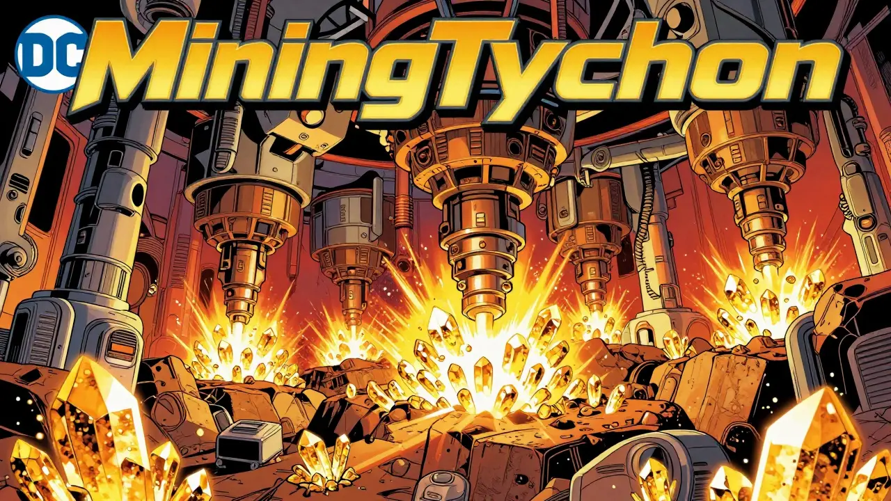 Futuristic robotic mining machines extracting glowing golden tokens