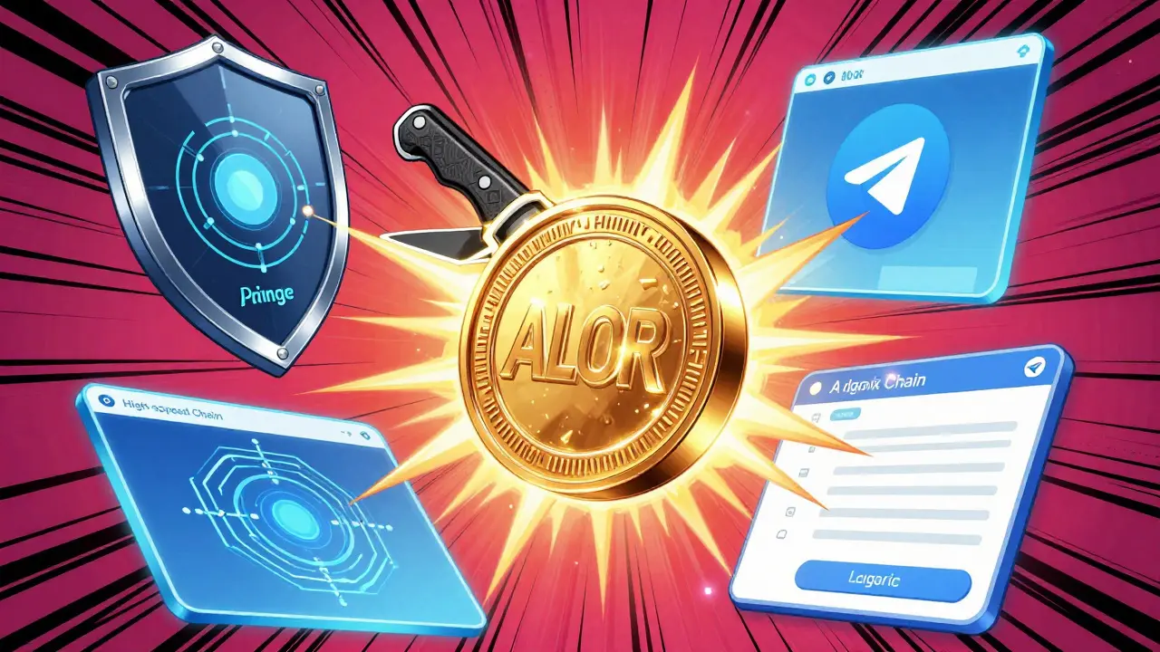 Glowing ALOR token powering a network of AI trading tools and blockchain modules