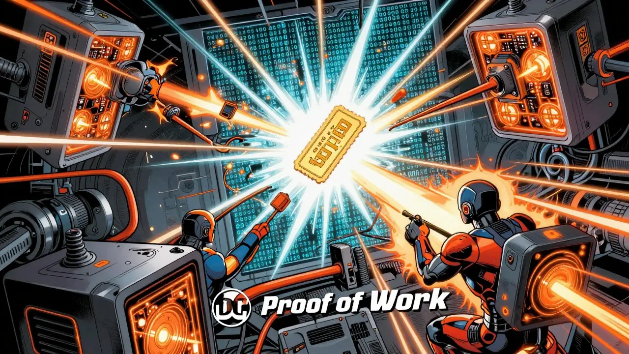 High-tech computers pulsing with energy as they solve a cryptographic puzzle to mine a block.