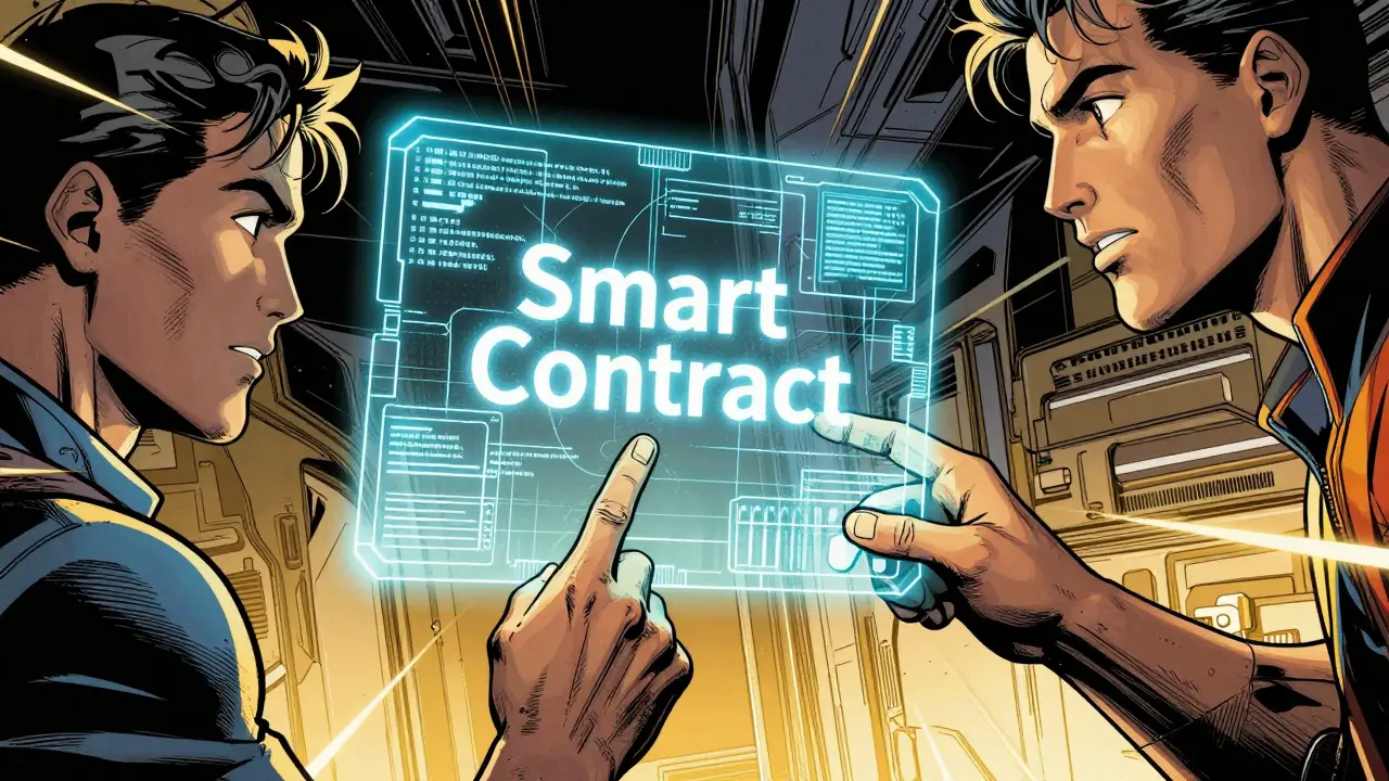 Holographic smart contract connecting a user and a provider in comic art
