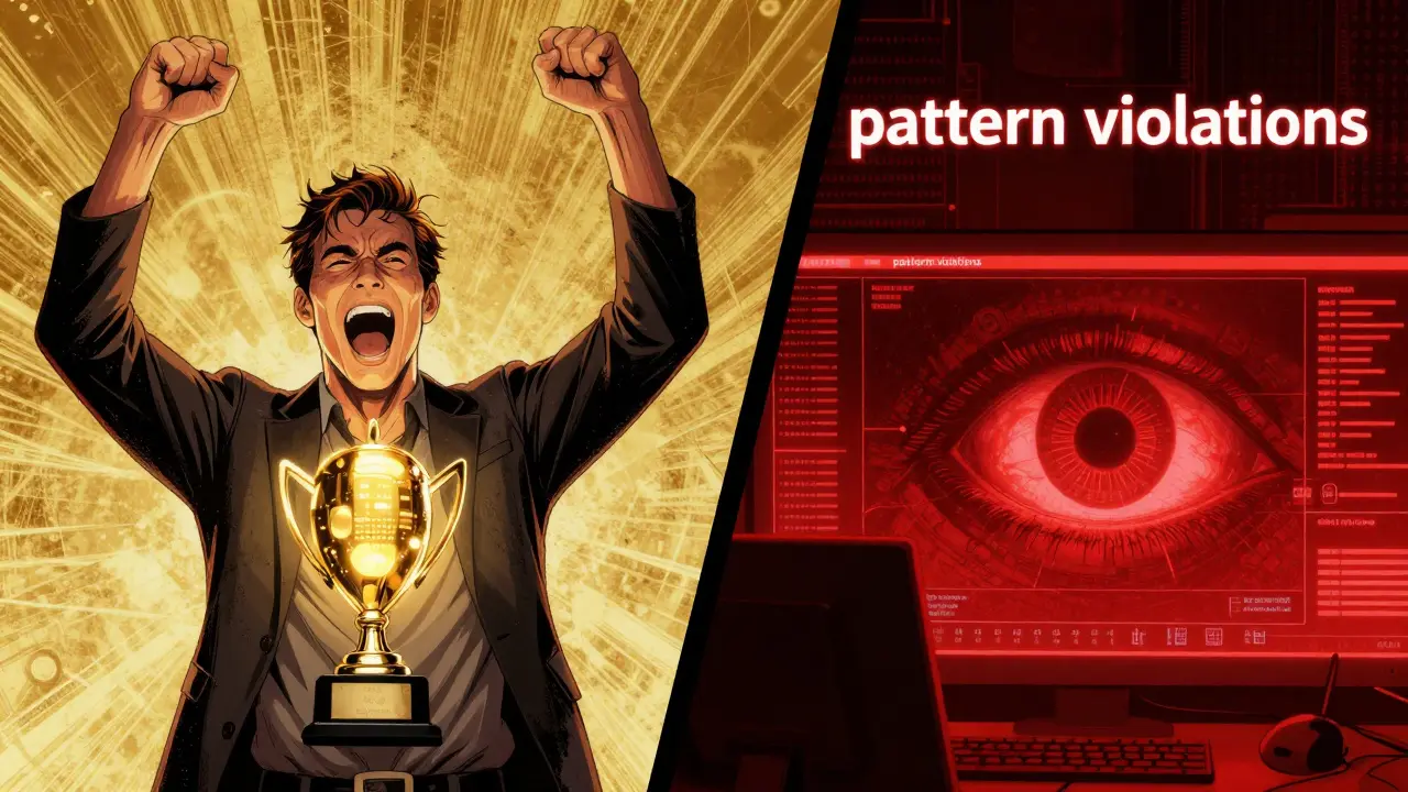 Split screen showing a winning trader and an AI monitoring system for violations