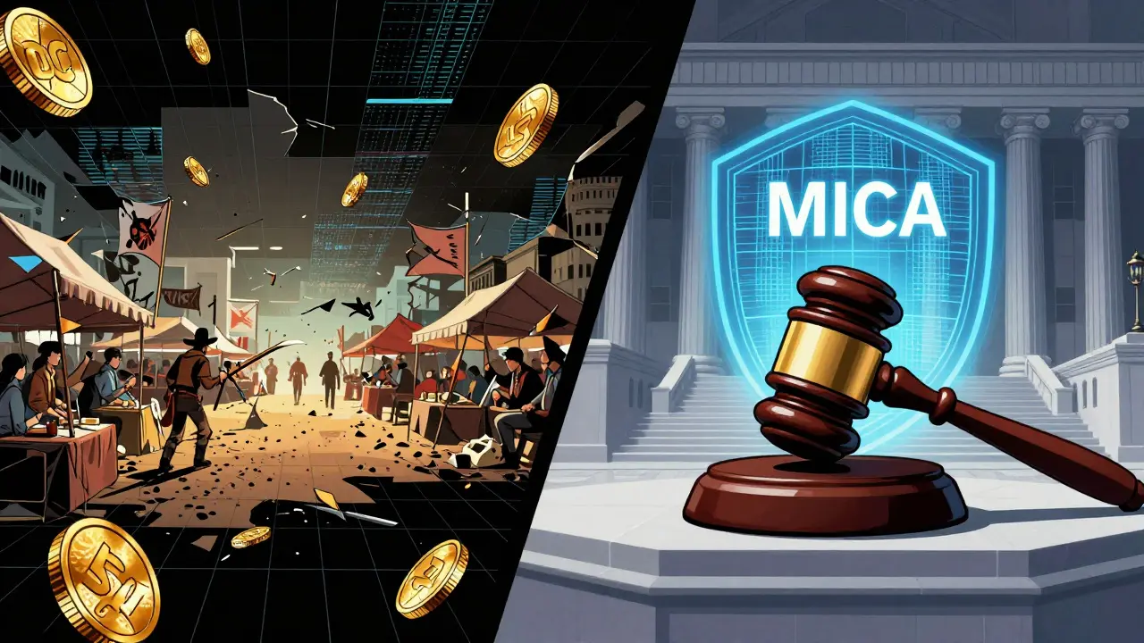 Split screen showing the shift from unregulated crypto chaos to legal structure