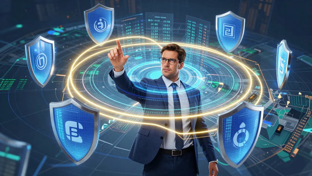 Strategic character managing holographic price ranges and protective shields.