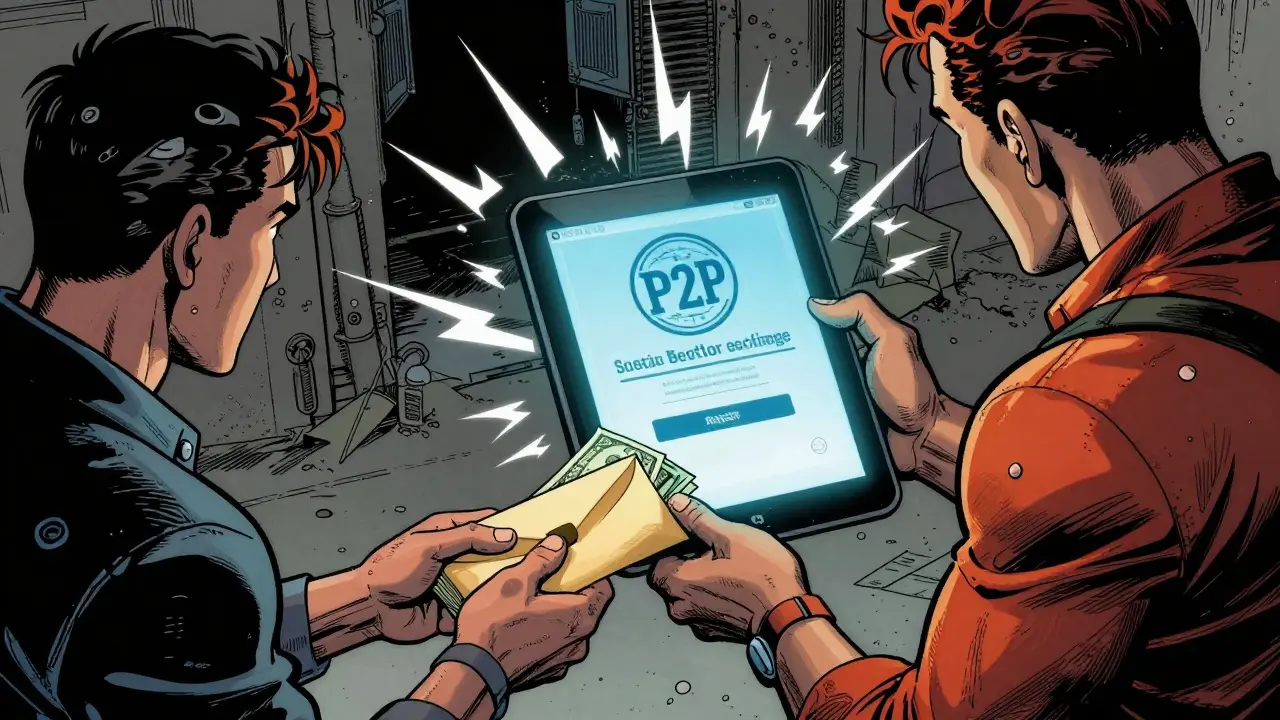 Two people exchanging cash for cryptocurrency in a gritty urban setting