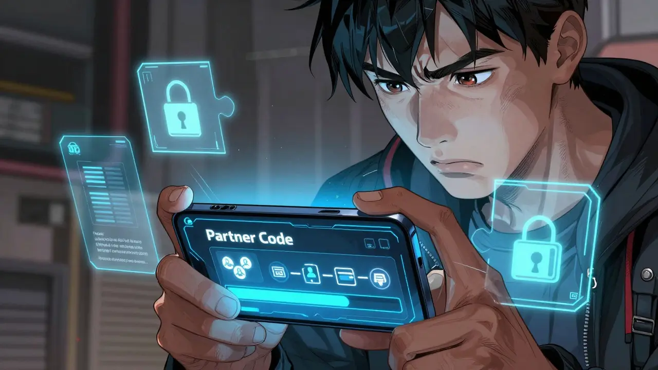 A focused gamer holding a phone displaying a complex crypto verification interface in comic style.