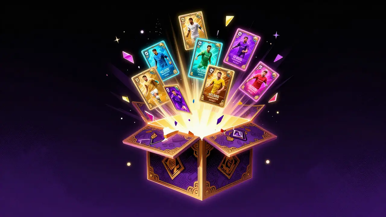 A glowing mystery box opening to reveal colorful digital soccer NFTs in a DC comic style.