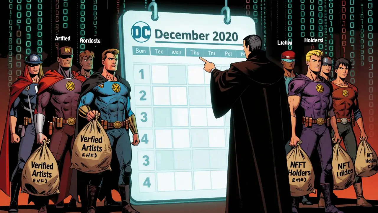 Artists and holders standing before a blockchain ledger in DC comic style