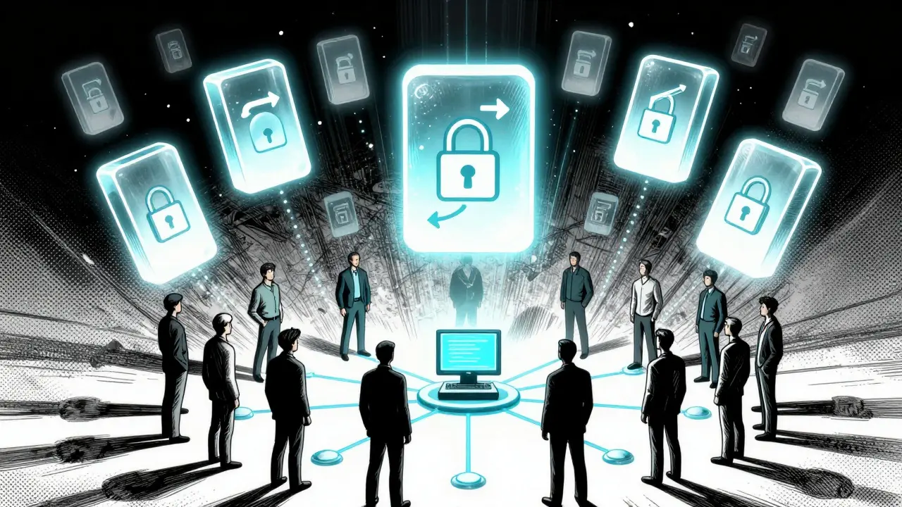Blockchain blocks and network nodes in DC comic art