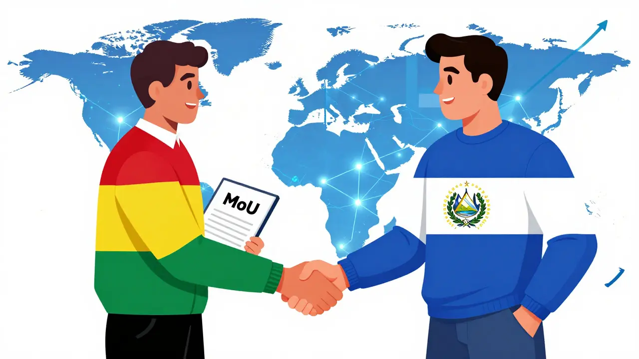 Bolivia and El Salvador officials shaking hands over a map symbolizing crypto cooperation