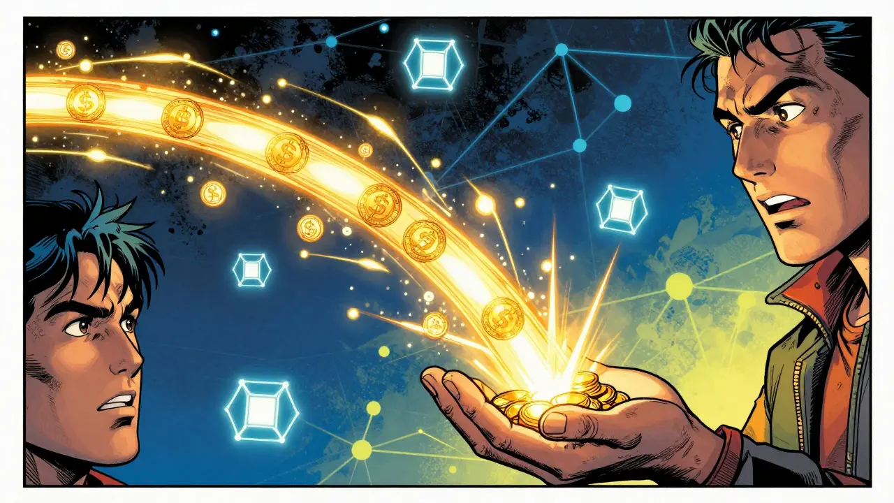 Characters exchanging a continuous stream of golden light tokens in DC comic art
