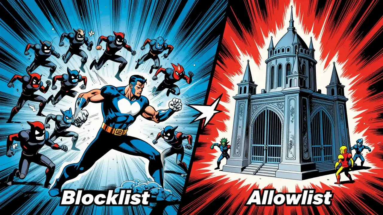 Comic battle between blocklist chaos and allowlist isolation for NFTs