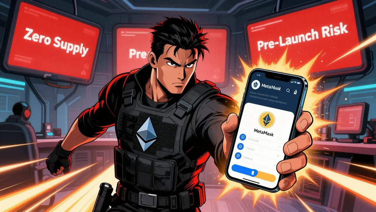 Crypto hunter checking wallet and risk warnings in tech command center
