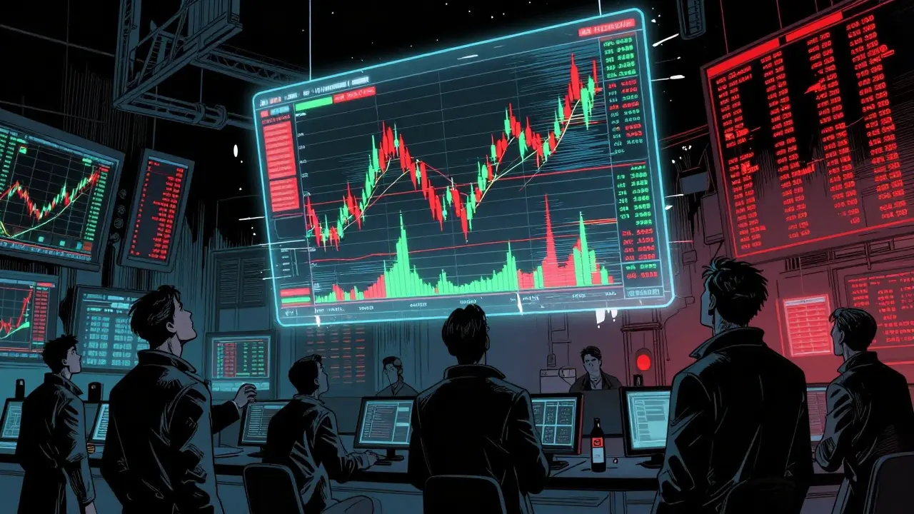 Cyberpunk traders looking at glitching holographic stock charts showing market volatility.